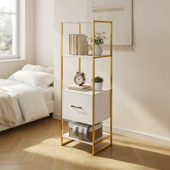 Yardi Yarda 5-Tier Narrow Bookcase with 4 Open Shelves and Storage Drawer-White