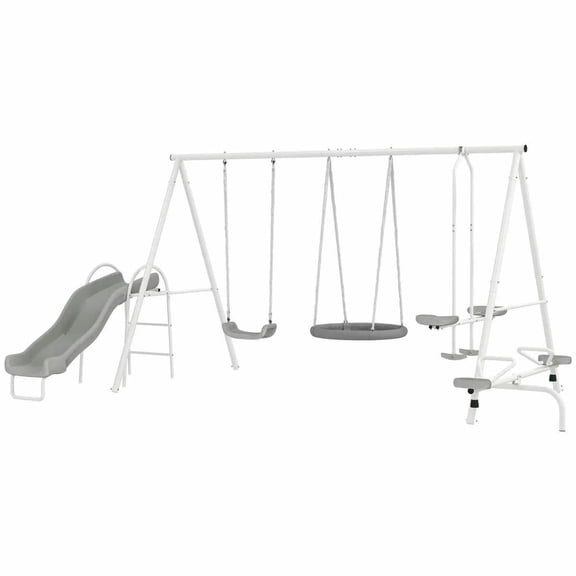 Yardi Yarda 5-in-1 Kids Swing Set with Heavy Duty A-Frame Stand, Saucer Swing, Slide, Seesaw, Glider, Swing Seat, for Backyard Play, Gray