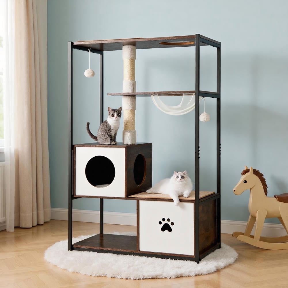 Yardi Yarda 52" Tall Wooden Cat Tree Metal Frame w/2 Condos & Cushions, Corner Cat Tree, Cat Climbing Tower, Cat Towers for Indoor Cats-Coffee