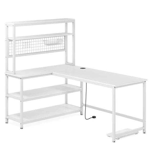 Yardi Yarda 55" Reversible L-Shaped Desk with Wireless Charging & Shelves, White