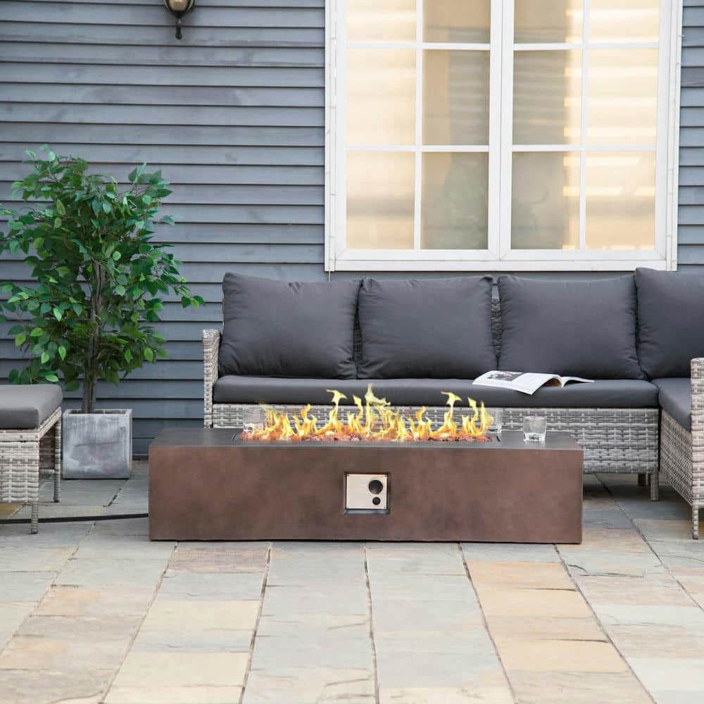 Yardi Yarda 56" Firepit Table with Lava Rocks & Rain Cover, 50,000 BTU Large Rectangular Stone, Gas Firepit Fits 20lb Tank, Gas Firepit for Outdoor, Brown
