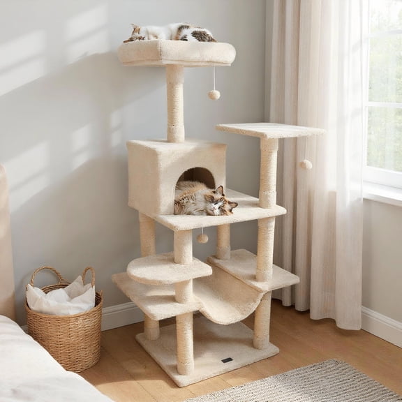 Yardi Yarda 58" Multi-Level Cat Tree w/Soft Plush Tower & Padded Perch, Corner Cat Tree, Cat Climbing Tower, Cat Towers for Indoor Cats-Beige
