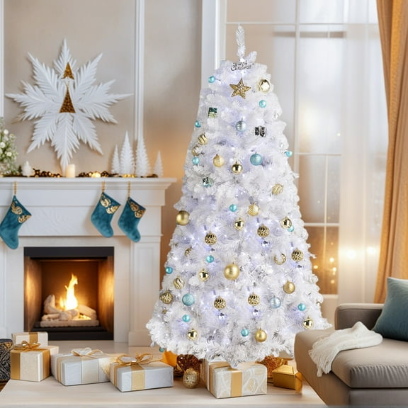 Yardi Yarda 6 FT Christmas Tree with 845 Branches, Round Head Christmas Tree with 300 Lights Cool Color 8 Modes, Christmas Tree, White