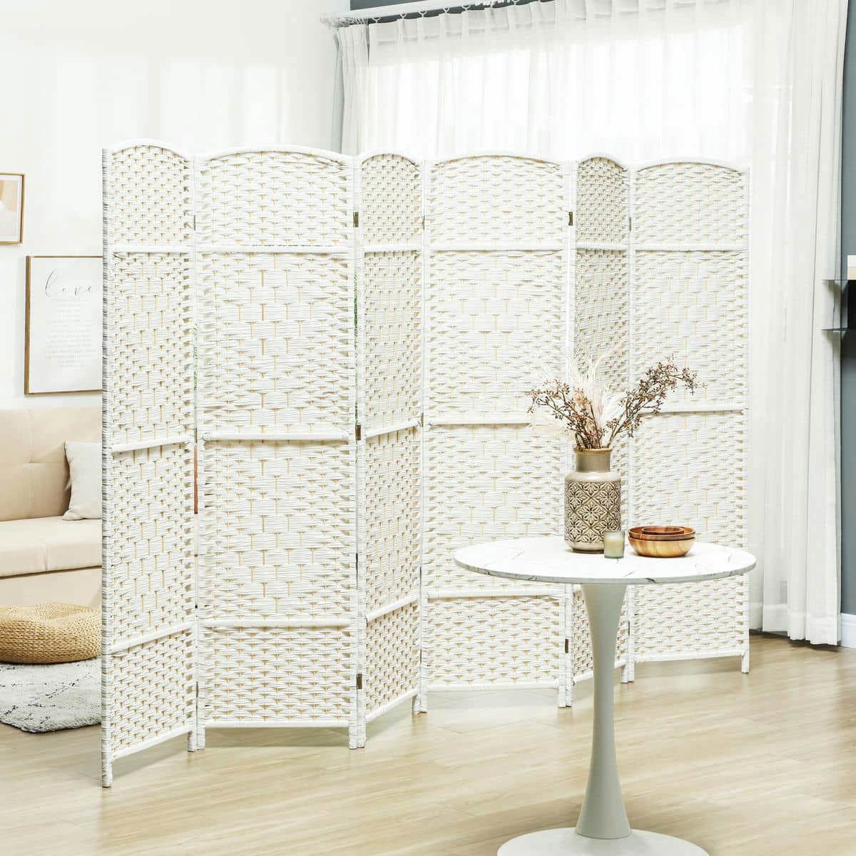 Yardi Yarda 6 Panel 6' Tall Privacy Screen, Folding Room Divider Screen, Freestanding Wood Partition for Indoor, White