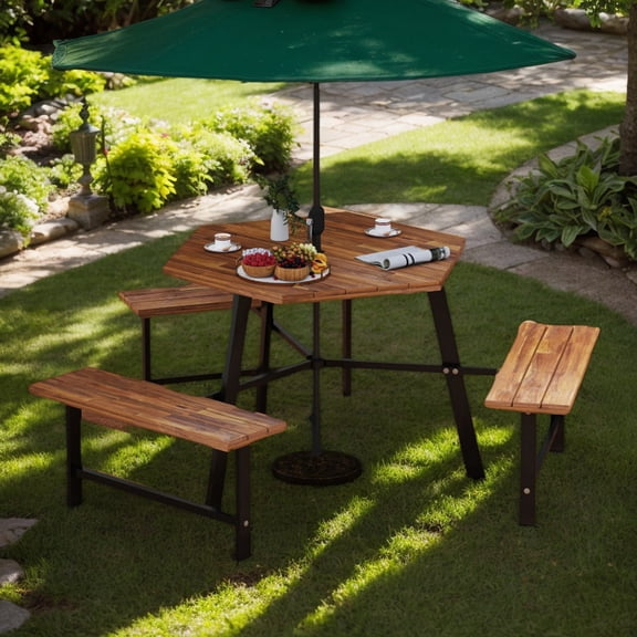 Yardi Yarda 6 Person Acacia Wood Picnic Table Bench Set with 3 Seats, Patio Furniture for Outdoor as Yard, Brown
