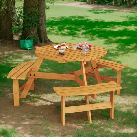 Yardi Yarda 6-Person Round Picnic Table Set, Picnic Table with 3 Built-in Benches and Umbrella Hole for Outdoor as Yard, Yellow