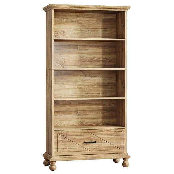 Yardi Yarda 6-Shelf Bookcase with Drawer, 71" Bookshelf with Solid Wood Legs, Brown