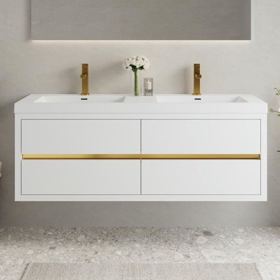 Yardi Yarda 60" Wall-Mounted Bathroom Vanity, Modern Floating Bathroom Storage Cabinet with Stone Resin Countertop and Soft Close Drawers, White