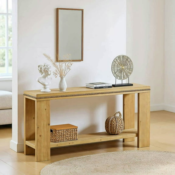 Yardi Yarda 63" Boho Console Table with Storage Shelf, Rustic Farmhouse Sofa Table with Beaded Trim, 2-Tier Narrow Entryway Table for Indoor, Brown