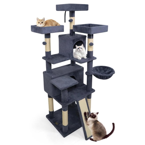 Yardi Yarda 65" Multi-level Tree w/3 Upholstered Perch & 2 Condos, Corner Cat Tree, Cat Climbing Tower, Cat Towers for Indoor Cats-Dark Gray