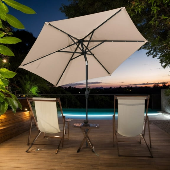 Yardi Yarda 7.5 Feet Solar Powered Patio Umbrella with Crank Handle, Outdoor Shade with LED Lights, Brown