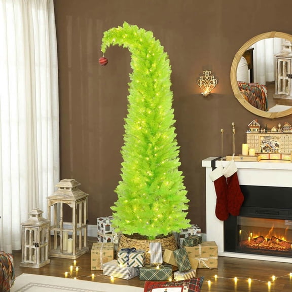 Yardi Yarda 7 ft Bent Top Whimsical Christmas Tree with 250 LED Lights, Pencil Xmas Tree with with Red Ball and Metal Base, Green