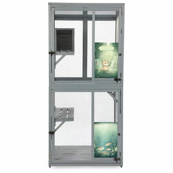 Yardi Yarda 70-Inch Cat Window Catio House, Outdoor Wood Cat Enclosure with Resting Condo and Lockable Doors, Sunshine Roof, Gray