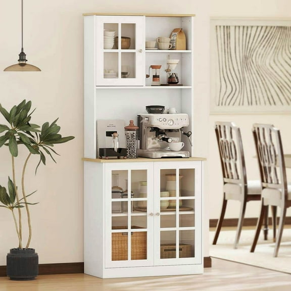 Yardi Yarda 72" Tall Freestanding Storage Cabinet with Hutch and Large Countertop, Kitchen Pantry Cabinet with Glass Doors and Adjustable Shelves, Microwave Cabinet for Indoor, White