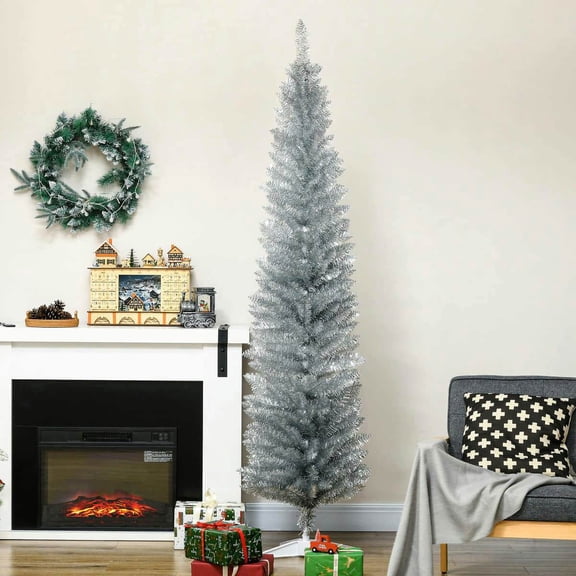 Yardi Yarda 7FT Decorated Christmas Tree, Pencil Christmas Tree with 499 Realistic Branch Tips and Plastic Stand, Holiday Decorative Artificial Christmas Tree, Silver