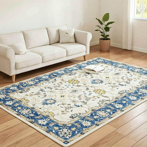 Yardi Yarda 8x10FT Machine Washable Area Rug, Non-Slip Boho Floral Print Floor Carpet for Indoor, Blue