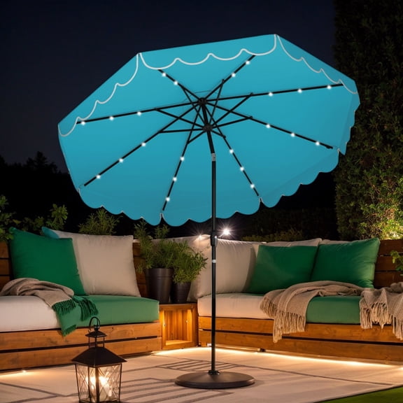 Yardi Yarda 9.3 Feet Solar Patio Umbrella with 24 LED Lights Vented Top and Ruffles, Outdoor Shade, Turquoise