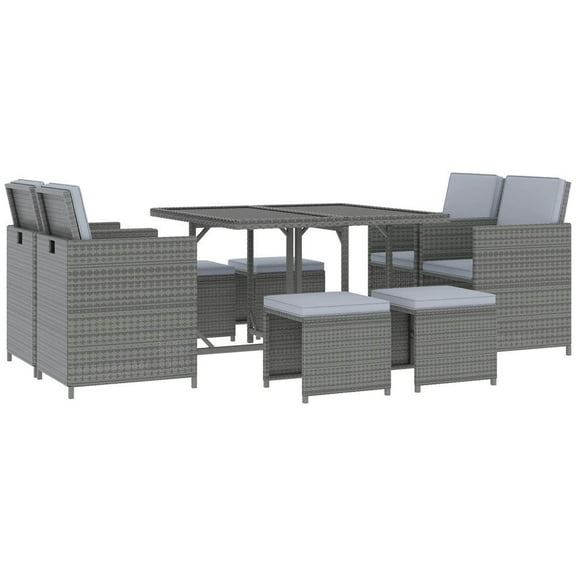 Yardi Yarda 9 Piece Outdoor Rattan Wicker Dining Table and Chairs Furniture Set, Space Saving Wicker Chairs with Cushions, Grey