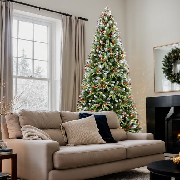 Yardi Yarda Artificial 5ft LED-lit Christmas Tree with 1113PE/PVC Mixed Branch Tips and Red Fruit, Christmas Tree with Hinged Premium & Foldable Base, Green