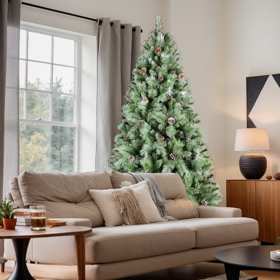 Yardi Yarda Artificial 6FT Christmas Tree with 988PVC/Hard Needle Mixed Branch Tips and 300L Warm White Led, Pine Cone Christmas Tree for Indoor Holiday Decoration, Green