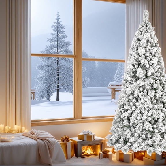 Yardi Yarda Artificial 6FT Flock LED-Lit Christmas Tree with 752PVC/Hard Needle Mixed Branch Tips, Christmas Tree with Hinged Premium & Foldable Base, Green+White