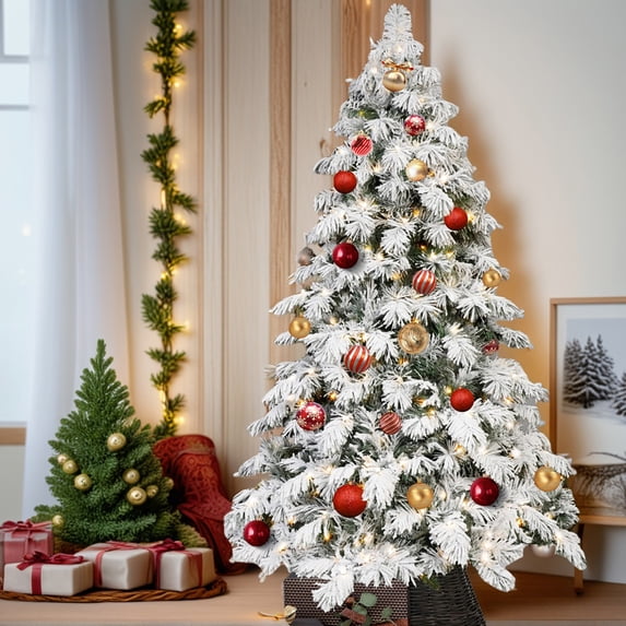 Yardi Yarda Artificial 7FT Flock LED-lit Christmas Tree with 890PE/PVC Mixed Branch Tips, Christmas Tree with Hinged Premium & Foldable Base, Green+White