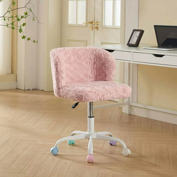 Yardi Yarda Artificial Rabbit Hair Chair with Metal Base, Adjustable Desk Chair Swivel Chair, Vanity Chair, Pink