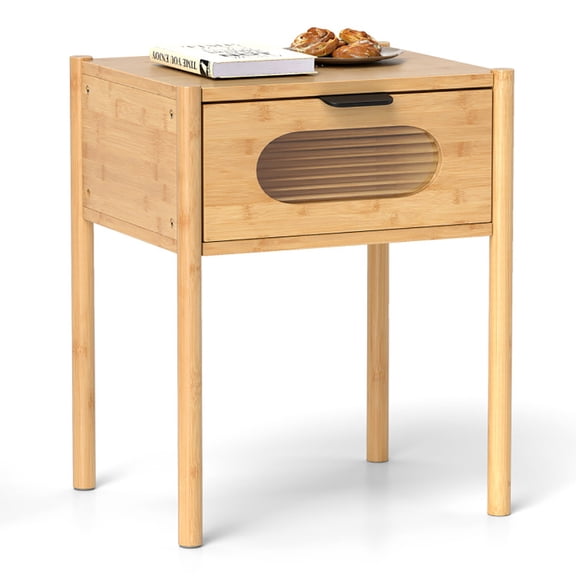 Yardi Yarda Bamboo Nightstand Square Tall End Table with Decorated Drawer-Natural