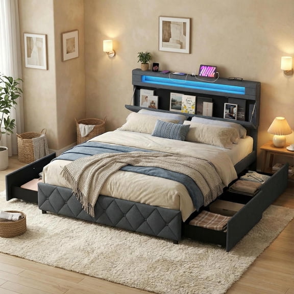 Yardi Yarda Bed Frame with Adjustable Storage Headboard and Wooden Slat Support, Full Size, Simple Bed Frame for Indoor, Gray