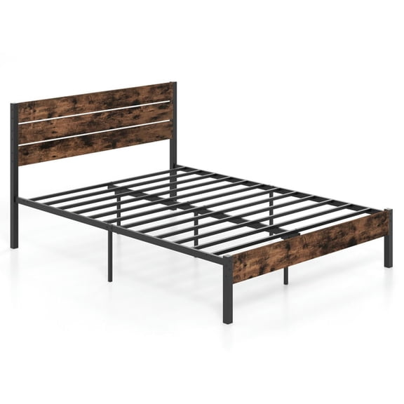 Yardi Yarda Bed Frame with High Headboard and Mute Bar, Queen Size, Simple Bed Frame for Indoor, Brown