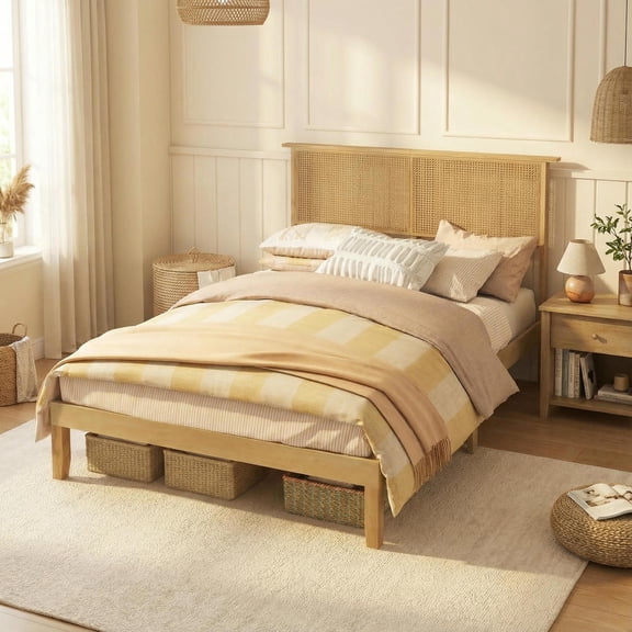 Yardi Yarda Bed Frame with Rattan Headboard, Full Size, Simple Bed Frame for Indoor, Beige