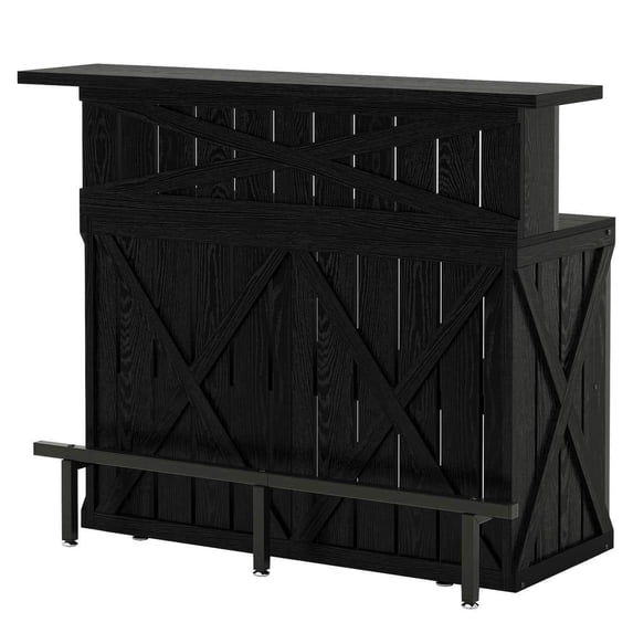Yardi Yarda Black Wood Bar Counter with Rustic X-Frame, Bar Counter with Open Shelves & Large Countertop, Functional Bar Table with Foldable Footrest & Stable Legs for Indoor, Black