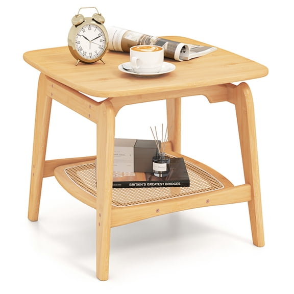 Yardi Yarda Boho Bamboo Sofa Side Table with Faux Rattan Storage Shelf, Natural
