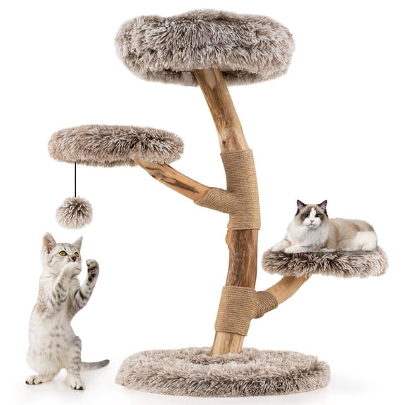 Yardi Yarda Cat Tree Solid Pear Wood w/Perch & Jute Posts, Corner Cat Tree, Cat Climbing Tower, Cat Towers for Indoor Cats-Brown
