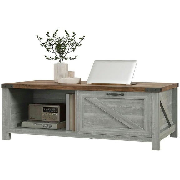 Yardi Yarda Coffee Table with Storage, Farmhouse Table with Storage Drawer and Open Shelf for Livingroom, Distressed Gray