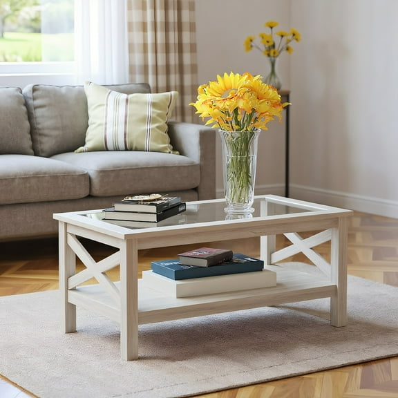 Yardi Yarda Coffee Table with Tempered Glass Tabletop, Engineered Wood Table with Wood Frame and Underneath Storage Shelf for Indoor, White