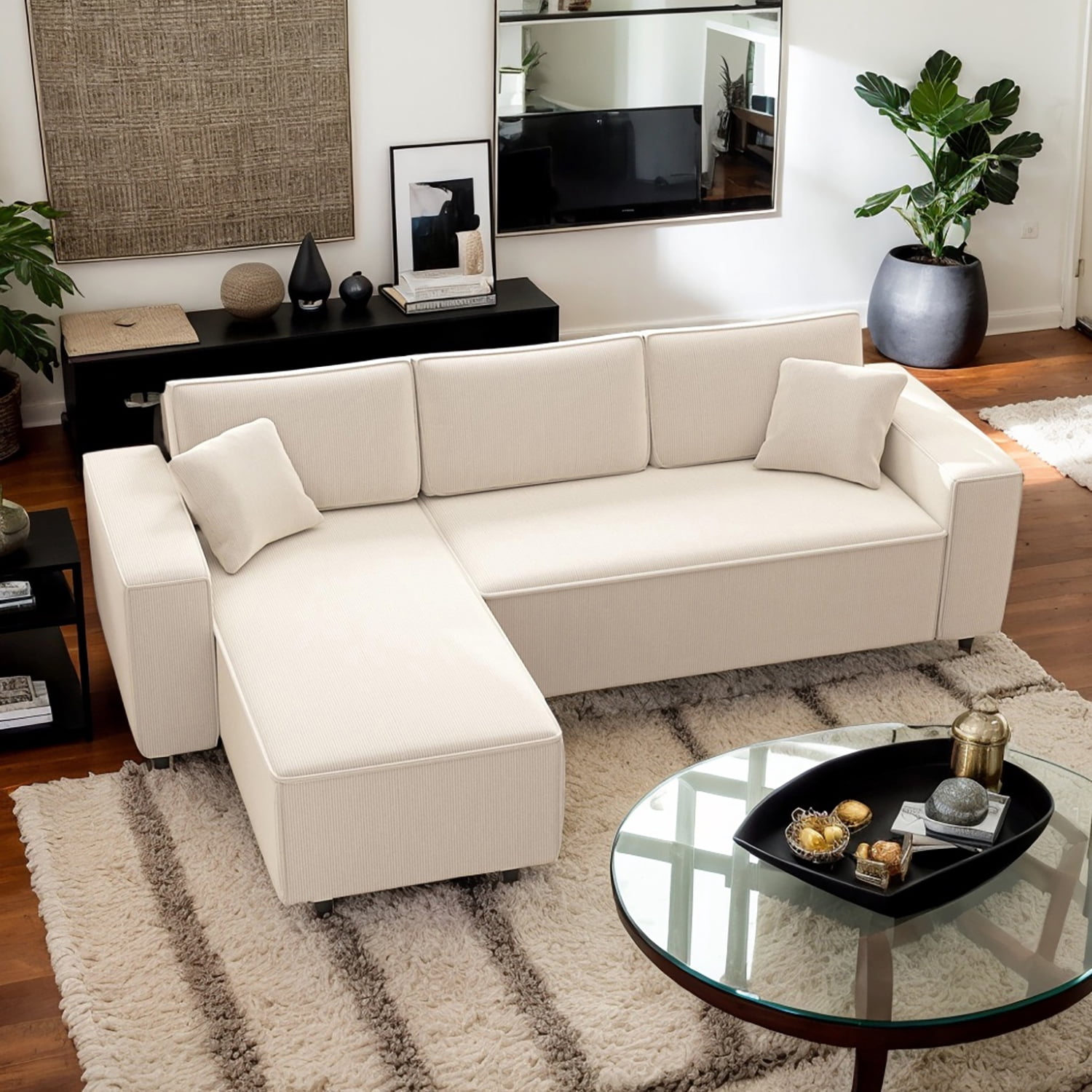 Yardi Yarda Corduroy L-Shaped Sectional Sofa, Corner Sofa with