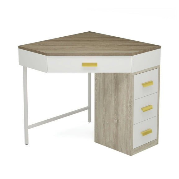 Yardi Yarda Corner Desk, Triangle Computer Desk Makeup Vanity Desk with 3 Drawers, Desk for Indoor, Gray+White