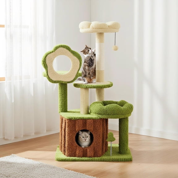Yardi Yarda Cute Tree for Adult Cats w/Multi-level Tower & Trunk Condo, Corner Cat Tree, Cat Climbing Tower, Cat Towers for Indoor Cats-Green