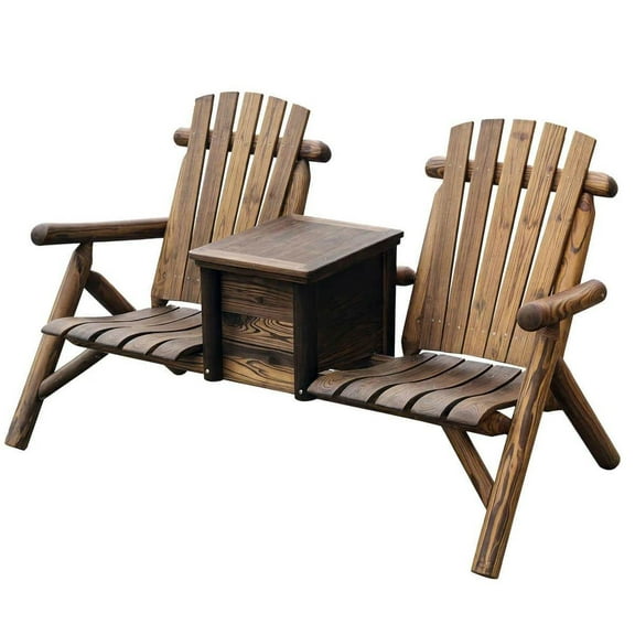 Yardi Yarda Double Wooden Adirondack Chair with Ice Bucket, Loveseat with High Backrest and Smooth Armrest, Rustic Brown