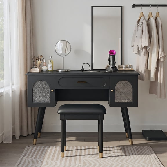 Yardi Yarda Elegant Vanity Makeup Table & Chair Set, Modern Dressing Table with Organizer, Writing Desk with Charging Port for Indoor, Black