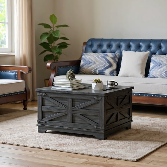 Yardi Yarda Farmhouse Coffee Table with Hidden Storage Compartment, Square Center Table with Flip-top Lids for Indoor, Black
