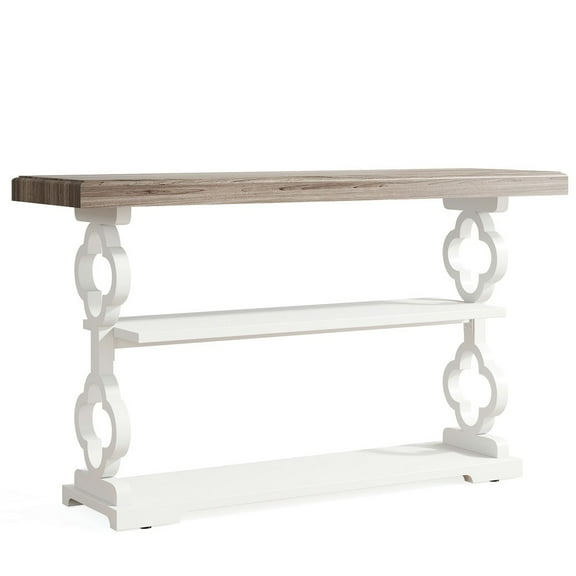 Yardi Yarda Farmhouse Console Table, 55" Entryway Sofa Table with Storage Shelves, White+Brown