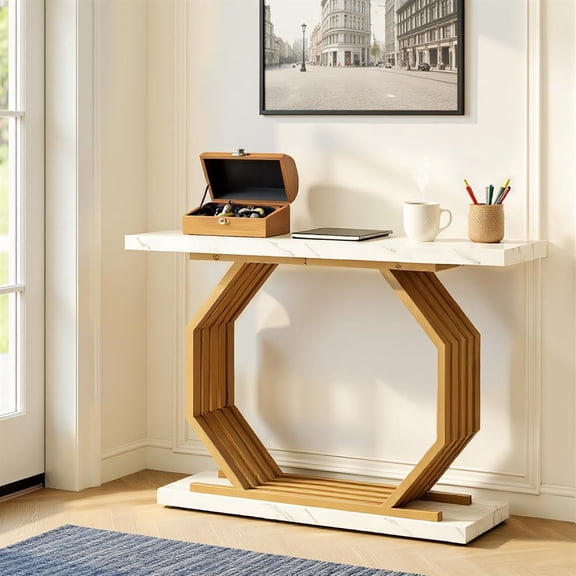 Yardi Yarda Faux Marble Console Table, 40" Accent Sofa Table with Geometric Metal Base, Faux Marble White & Gold