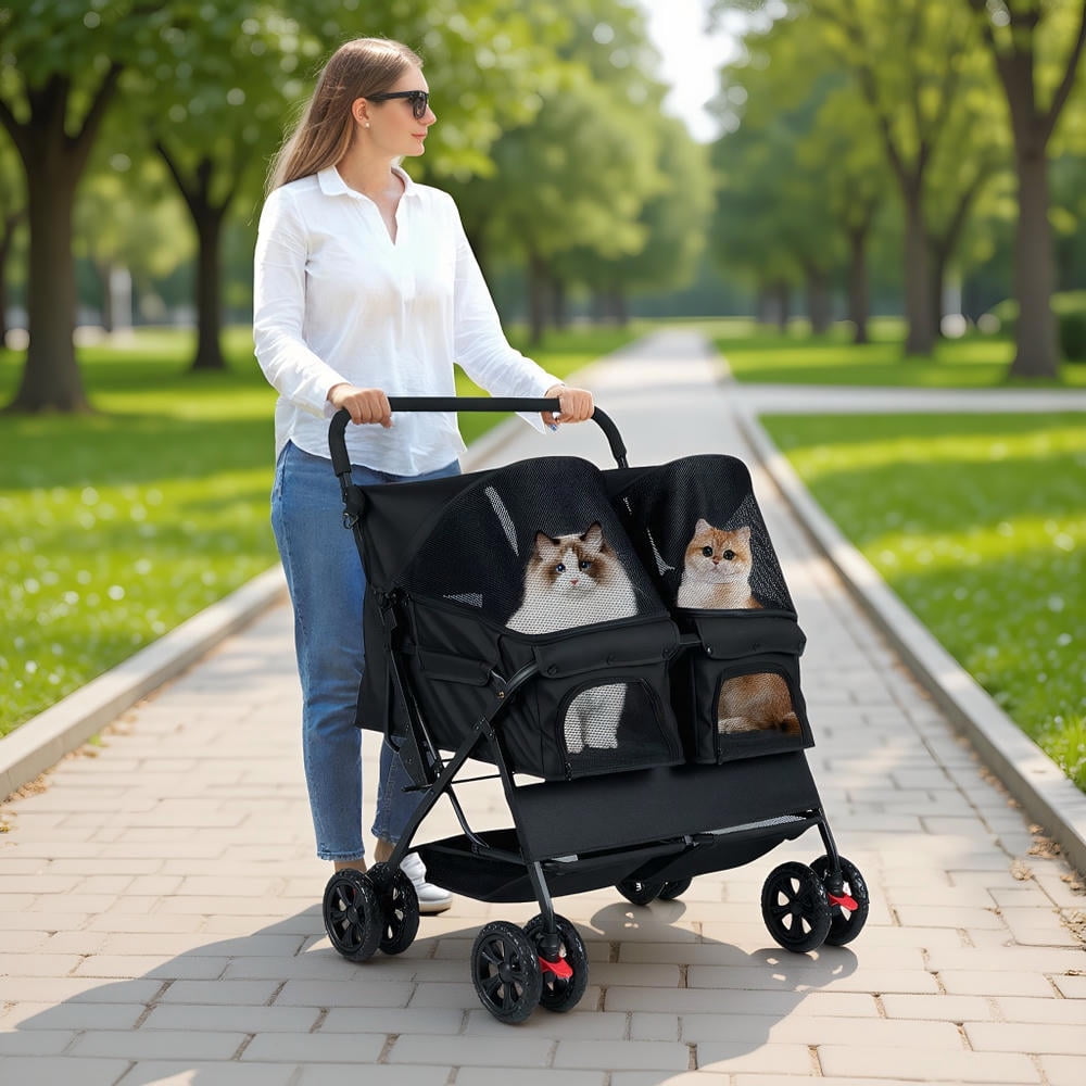 Yardi Yarda Foldable Double Pet Stroller with Adjustable Sunshade and Storage Basket, Dog Strollers, Pet Gear Stroller-Black