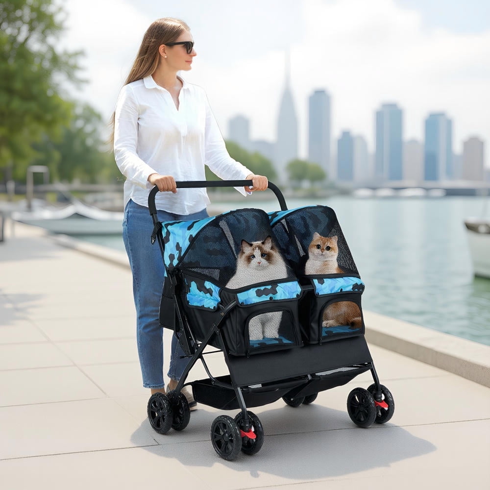 Yardi Yarda Foldable Double Pet Stroller with Adjustable Sunshade and Storage Basket, Dog Strollers, Pet Gear Stroller-Navy