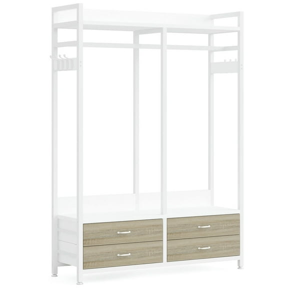 Yardi Yarda Freestanding Closet Organizer, Garment Rack with Drawers & Shelves, Oak & White