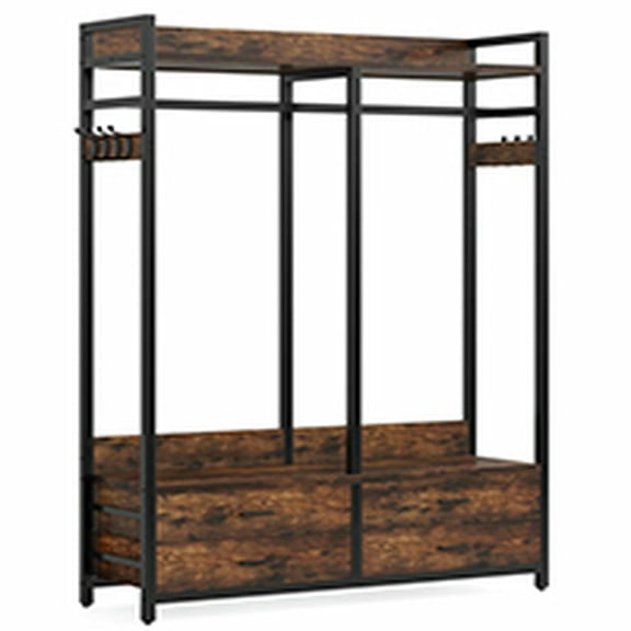 Yardi Yarda Freestanding Closet Organizer, Garment Rack with Drawers & Shelves, Rustic Brown