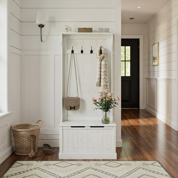 Yardi Yarda Hall Tree with Coat Rack and Storage, Multi-Functional Hall Tree with Sitting Bench for Indoor, Cream White