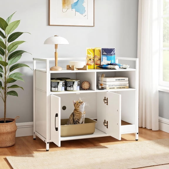 Yardi Yarda Hidden Cat Washroom with Double Doors and Scratch Cardboard, Cat House, Cat Condos for Indoor Cats, Pet Furniture-Off White